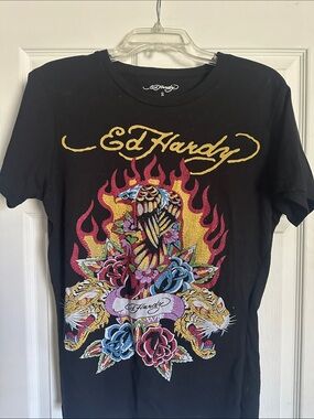 Ed Hardy Black Tee with Multicolor Snake, Tigers & Roses